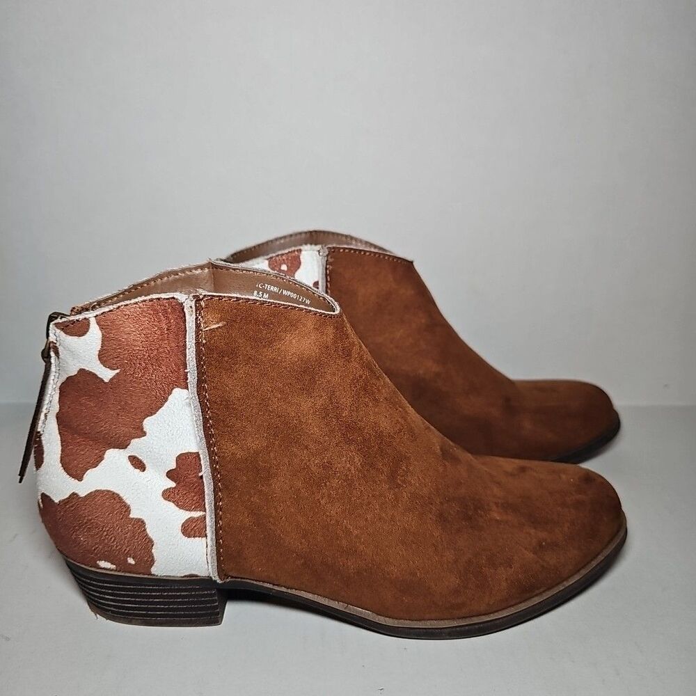 True Craft Faux Suede Cow Print Brown Ankle Boots SZ 8.5 New